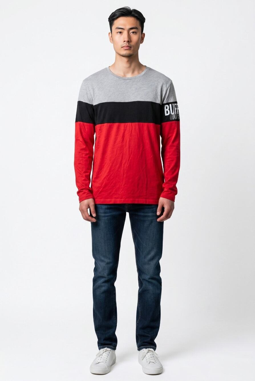 NWT Buffalo David Bitton Red Grey Colorblock Lg Sleeve Logo T-Shirt Sz Small $59